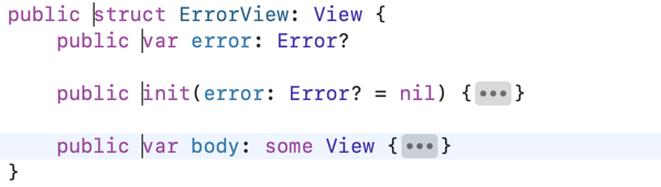 Four lines of Swift code each starting with public and with a cursor visible.