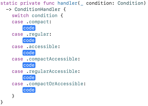 Switch statement with six code placeholders selected.