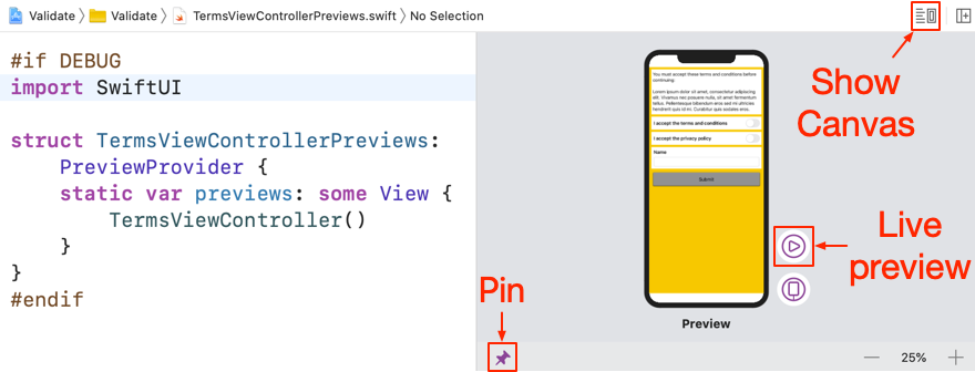 Xcode preview of the view controller