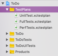 Three test plans in TestPlans folder in the Xcode navigator