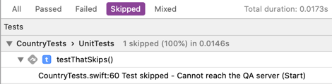 Xcode Test Report showing skipped test